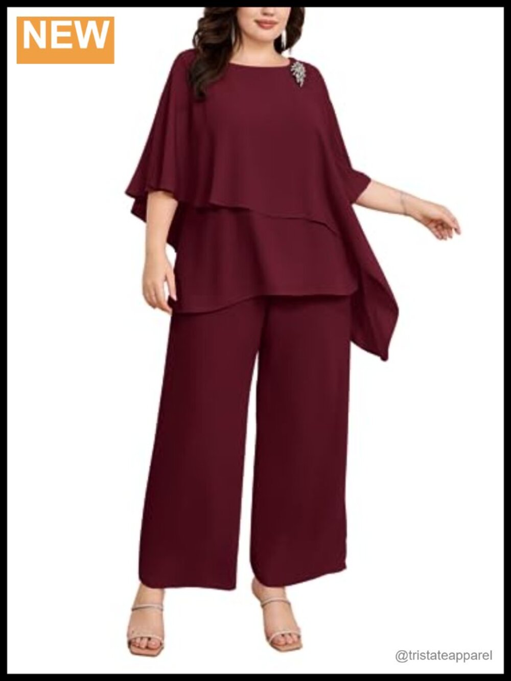 Plus Size Chiffon Pantsuit Set Cape Sleeve Rhinestone Wedding Guest